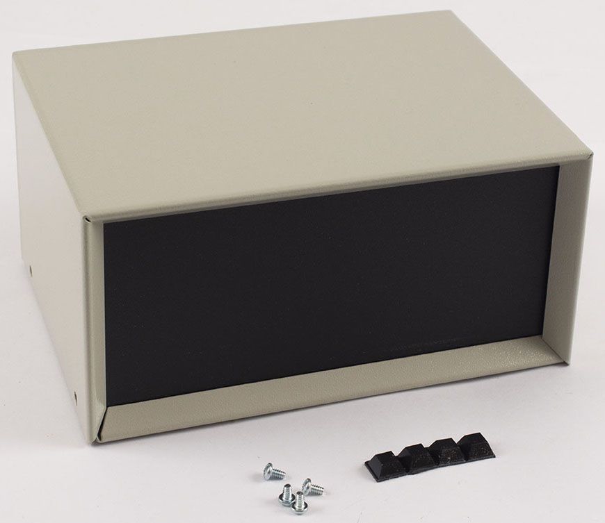 HAMMOND MFG 1426M ENCLOSURE 20 GAUGE STEEL OFF WHITE WITH BLACK FRONT PANEL. REAR PANEL